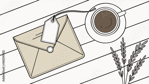 Envelope with tag and coffee cup vector illustration for stationery and office supply design needs