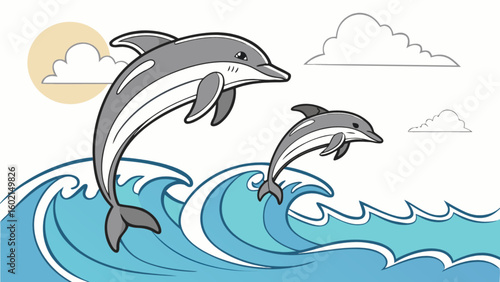 Cartoon dolphin illustration with ocean waves sun and clouds vector graphic design for kids and children
