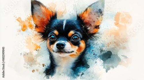 Close-up portrait of a chihuahua dog in a vibrant watercolor style.