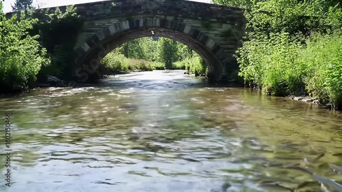Stone arch bridge spans a flowing river amidst lush greenery on a bright, sunny day