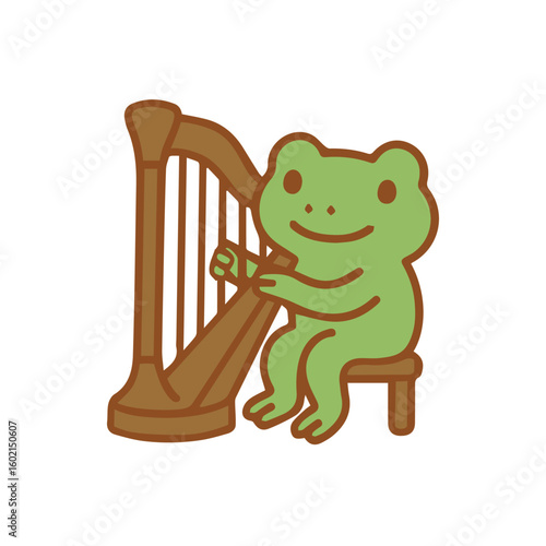 Cute Cartoon Frog Playing Harp