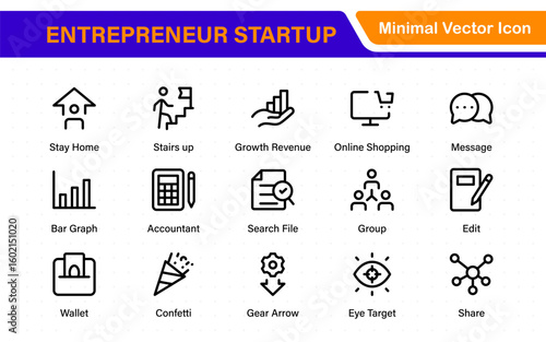 Entrepreneur Startup Icon Set. Minimal Thin Line Symbols for Digital Products, Finance, and Innovation. Editable Vector Icons for Designers.