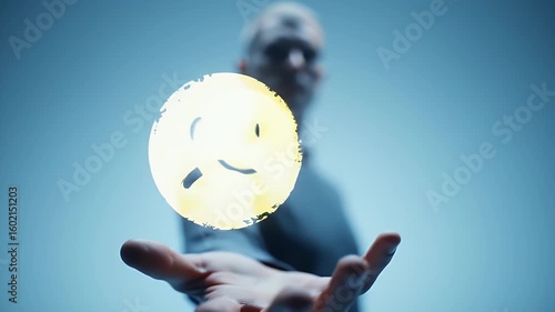 Blurred Man in Gray Shirt Holding Glowing Positive and Negative Face Emojis on Open Palm in Blue Gradient Background Artificial Intelligence Concept