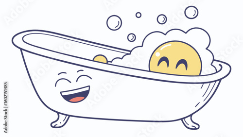 Cute bathtub with smiley face cartoon vector illustration for bathroom and spa design and relaxation time fun