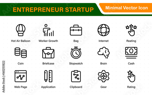 Entrepreneur Startup Icon Set. Minimal Thin Line Symbols for Digital Products, Finance, and Innovation. Editable Vector Icons for Designers.