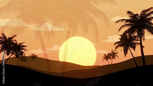 Silhouetted palm trees frame a sunset over gentle hills, in a cartoon style