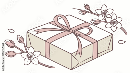 Elegant gift box with pink ribbon and cherry blossom flowers for special occasion present delivery idea