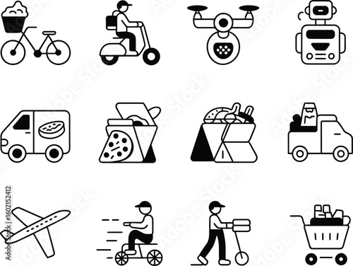 Collection of hand drawn icons representing various delivery methods and services