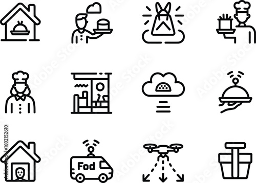 Collection of food delivery service icons in a grid layout