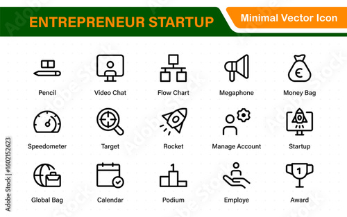 Entrepreneur Startup Icon Set. Minimal Thin Line Symbols for Digital Products, Finance, and Innovation. Editable Vector Icons for Designers.
