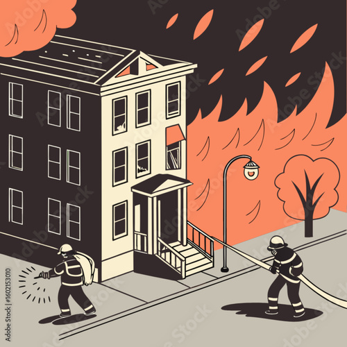 Firefighters battling blaze at burning building emergency response and rescue operation for safety of people