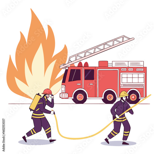 Firefighters extinguishing fire with fire truck and hose vector illustration emergency services rescue team scene