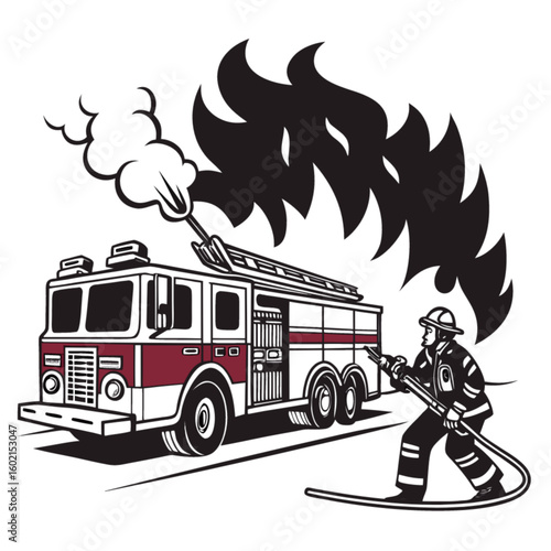 Firefighter in action spraying water from hose on fire truck emergency rescue vector illustration art