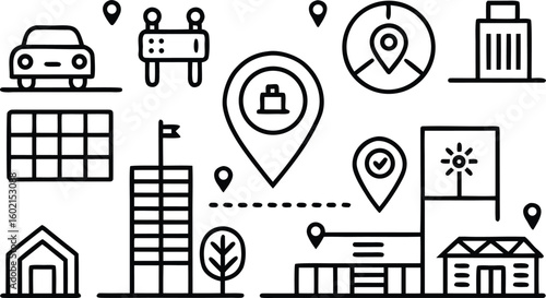Modern location icons showcase navigation and travel destinations in simple style