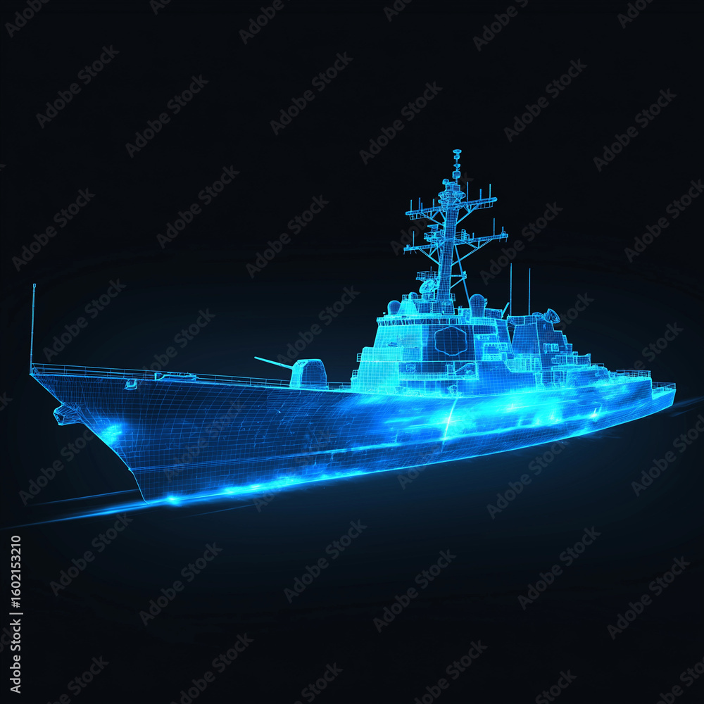 Fototapeta premium USS Navy battleship Arleigh Burke concept wireframe illustration icon 3D blue glowing model on a black background
