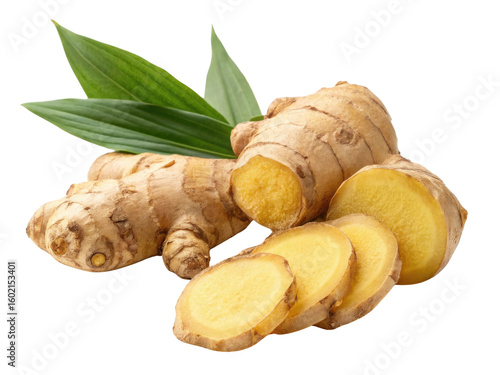 Fresh ginger root with vibrant yellow slices showcases its natural beauty and health benefits. This aromatic spice adds flavor and warmth to