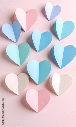 Pastel 3D Paper Hearts Arranged on Soft Pink Background – Romantic Minimalist Aesthetic