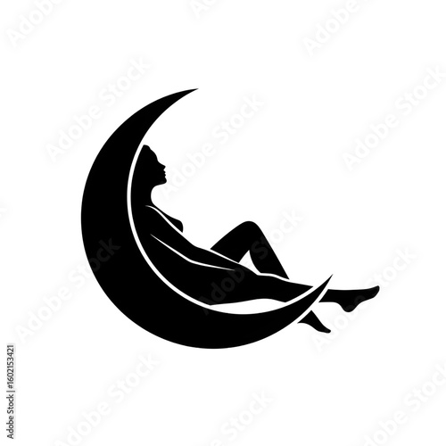 Woman Sitting on Crescent Moon Silhouette
