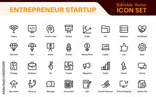 Entrepreneur Startup Icon Set. Minimal Thin Line Symbols for Digital Products, Finance, and Innovation. Editable Vector Icons for Designers.