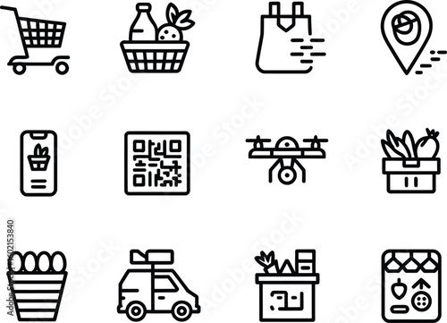 Set of grocery shopping and delivery service icons in a clean line art style