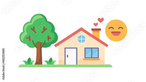 Cute house with tree and happy sun vector illustration for real estate and family home design concept