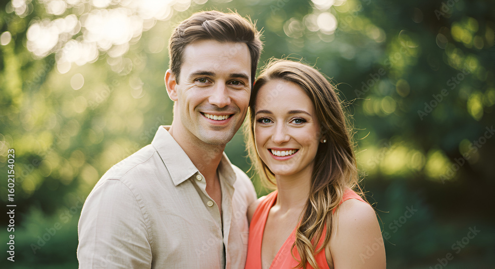 Obraz premium Smiling couple poses in the sunlight