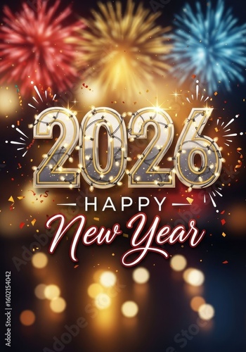 Happy new year 2026 celebration background with sparklers and champagne glasses, confetti, ribbon for greeting card, holiday event.
