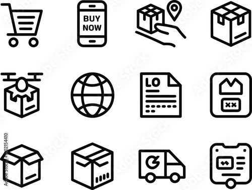 Set of outline icons representing e commerce and delivery services