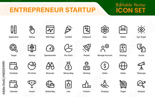 Entrepreneur Startup Icon Set. Minimal Thin Line Symbols for Digital Products, Finance, and Innovation. Editable Vector Icons for Designers.