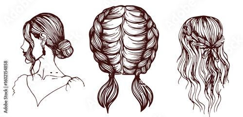 Hand drawn haircut. Female wig sketch. Womans long and short hairstyles. Girls beauty salon models. Coiffure with braid, ponytail and bun. Vector hairdo pencil drawing isolated set