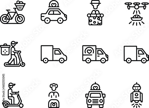 Collection of delivery service icons including bicycle car drone scooter and robot