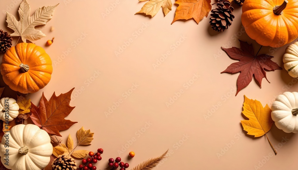 Fototapeta premium Celebrating autumn harvest with pumpkins and fall leaves cozy home setting decorative content warm color palette top-down view seasonal aesthetics