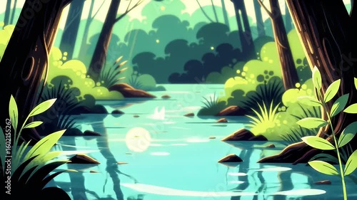 Cartoonish sunlit forest stream with stylized trees and green foliage