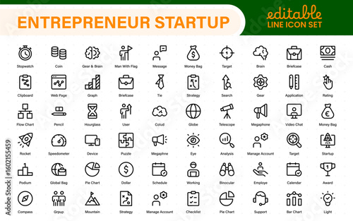 Entrepreneur Startup Icon Set. Minimal Thin Line Symbols for Digital Products, Finance, and Innovation. Editable Vector Icons for Designers.