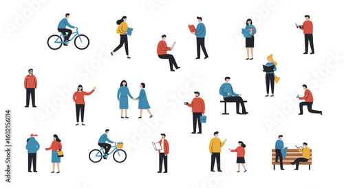 Diverse people engaged in various activities in flat style