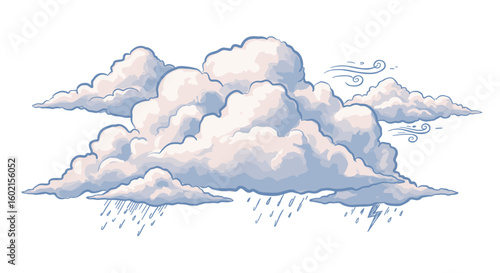 Hand drawn clouds with rain and windy elements in soft pastel colors