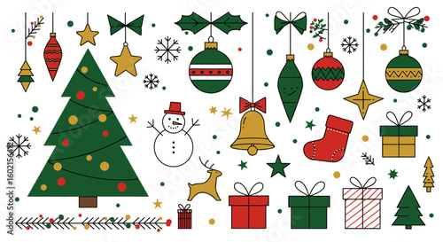 Festive christmas icons with tree, gifts, and decorations in flat desi