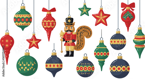 Festive christmas ornaments with nutcracker and colorful decorations