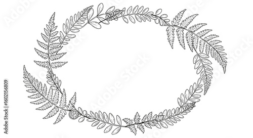 Elegant botanical frame with ferns and leaves in detailed line art sty