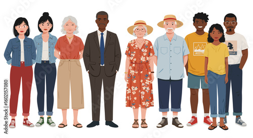 Diverse group of people standing together in modern casual and formal