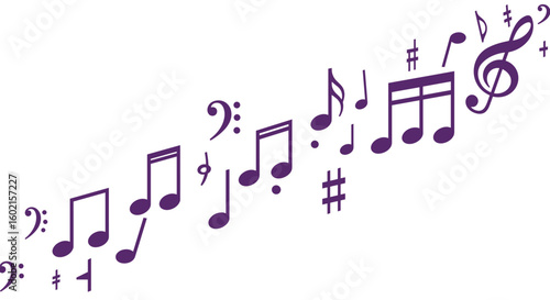 Purple music notes on a diagonal staff with sharp and flat symbols