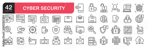 Set of line icons related to spyware, password, adware, spam alert, phishing, spam. Outline icons collection. Editable stroke. Vector illustration. stock illustration
