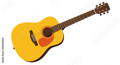 Realistic acoustic guitar with yellow body on white background