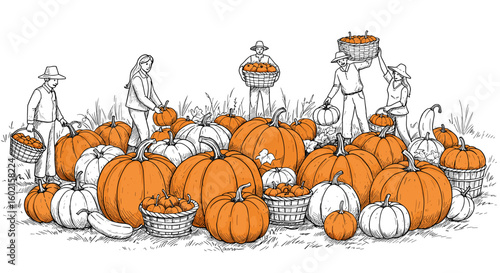 Harvest festival scene with people collecting pumpkins in autumn outli