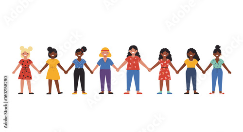 Diverse group of women holding hands in flat style on white background