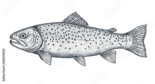 Detailed engraving of a trout fish with intricate dot and line pattern