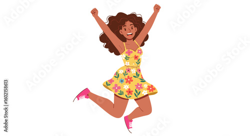 Joyful young woman leaping in floral dress with excitement