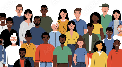 Diverse group of smiling people in vibrant colors on white background
