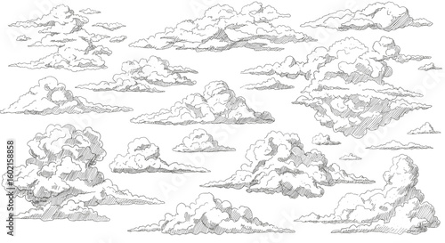 Hand drawn cloud collection with detailed sky elements for artistic de