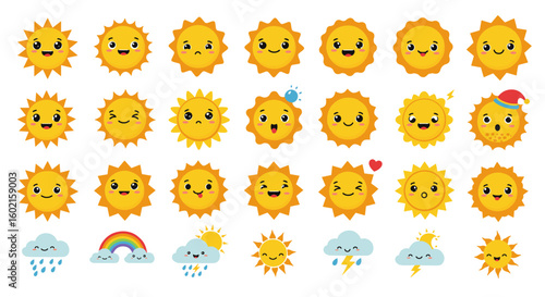 Cute sun and cloud faces with various expressions and weather elements